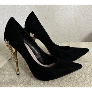 Shoe Dazzle Women's Sz 7 Rumur Embellished Heel Black Velvet Filigree Gold Heel